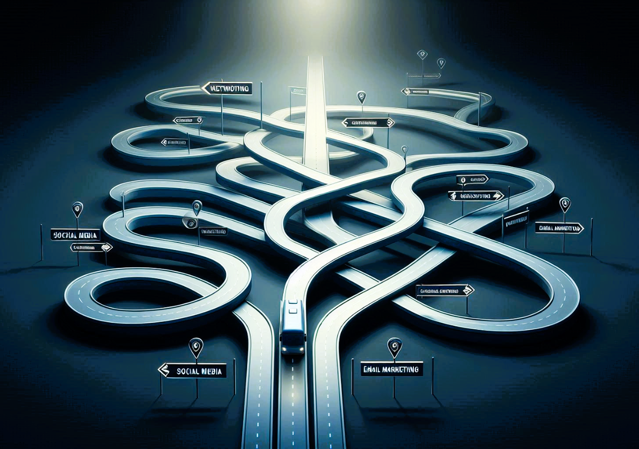 Multiple paths diverging with one clear highlighted path to destination - goals vs strategies concept